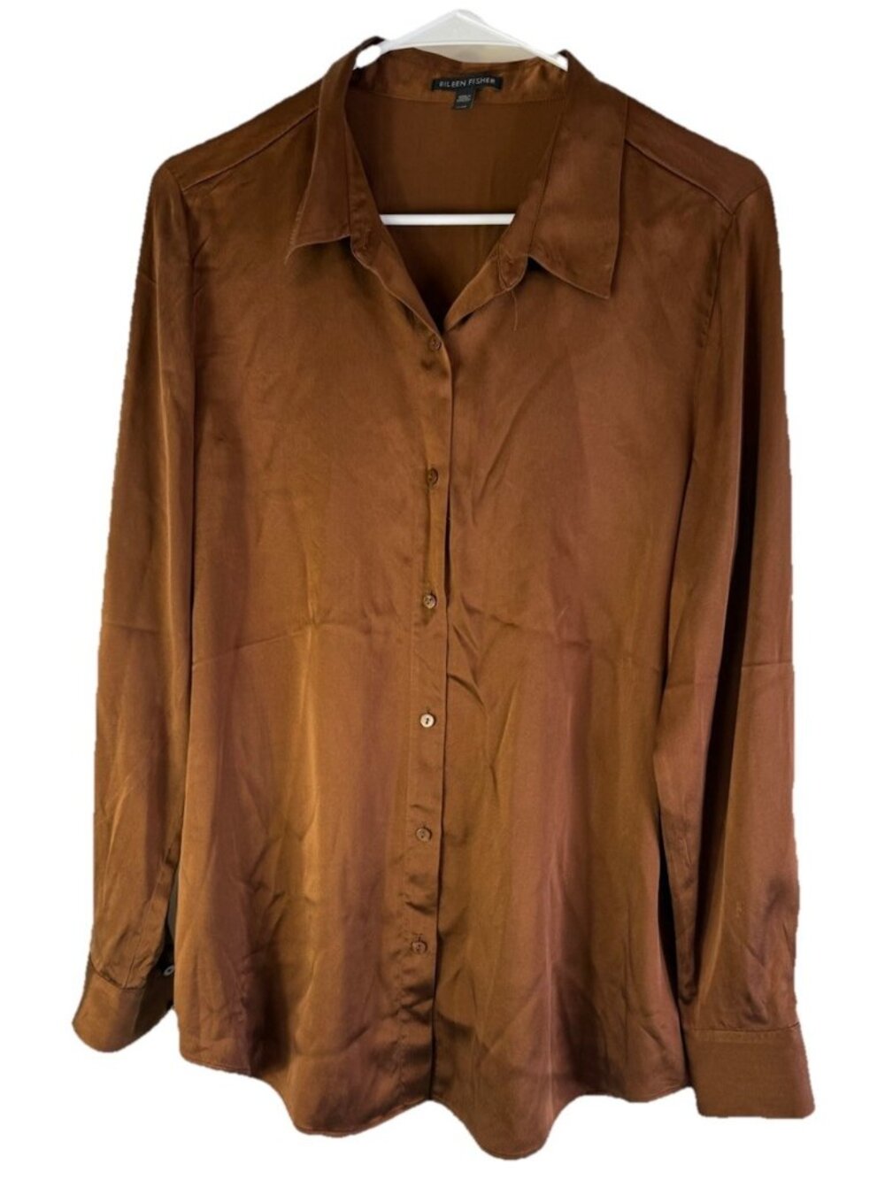 Eileen Fisher Silk Satin Button Front Shirt Flowy Brown